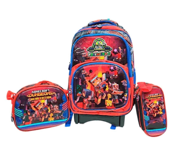 Kit X3 Maleta Ruedas Minecraft + Lonchera + Cartuchera