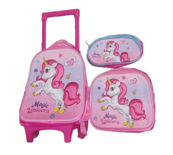 Kit Morral Unicornio Escolar Con Ruedas + Lonchera + Cartuchera